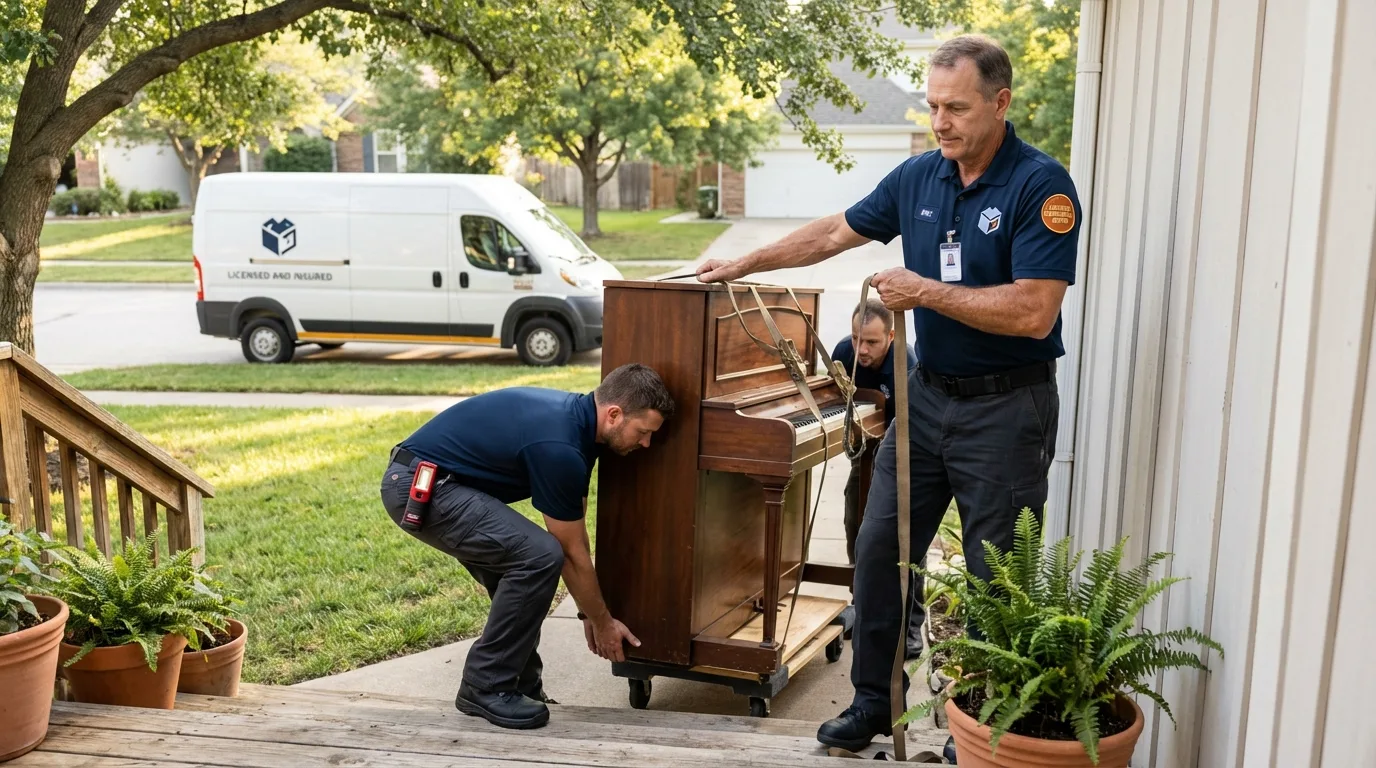 Licensed piano movers securing grand piano in Sand Springs, OK