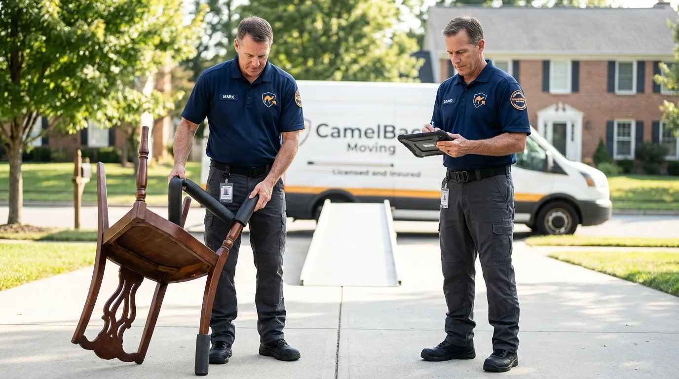Movers inspecting furniture for damage prevention before loading in Sand Springs, OK