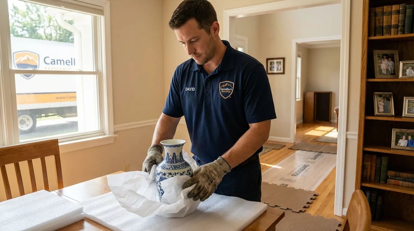 Professional crew carefully wrapping antique vase for senior downsizing move in Sand Springs, OK